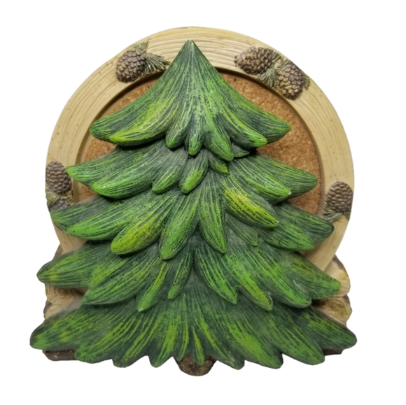 Pine Tree Coaster Set Rustic Cabin Lodge Decor 4 Coasters with Holder Log Design - Picture 1 of 4